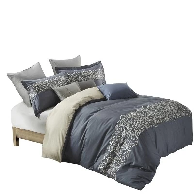 Classic Solid Embroidered 300-Thread Count Breathable And Ultra-Soft Cotton Modern Duvet Cover Set With Matching Pillowshams By Blue Nile Mills - Image 2