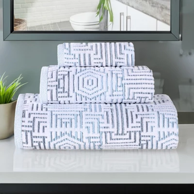 Cotton Modern Geometric Jacquard Soft Highly-Absorbent Assorted 3 Piece Bathroom Towel Set By Blue Nile Mills