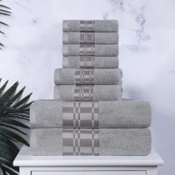 100% Cotton Medium Weight Geometric Border 8 Piece Assorted Bathroom Towel Set By Blue Nile Mills