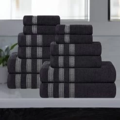 Zero Twist Cotton Ribbed Modern Geometric Border Bathroom Towel Set By Blue Nile Mills