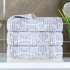 Cotton Modern Geometric Jacquard Plush Soft Highly-Absorbent Bath Towel Set Of 3 By Blue Nile Mills